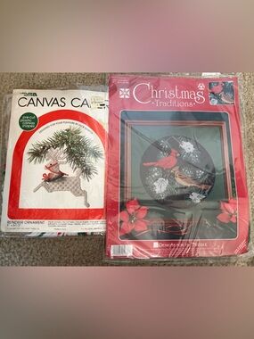 Vintage Christmas Canvas Needlepoint Kit Pair - Cardinals & Reindeer